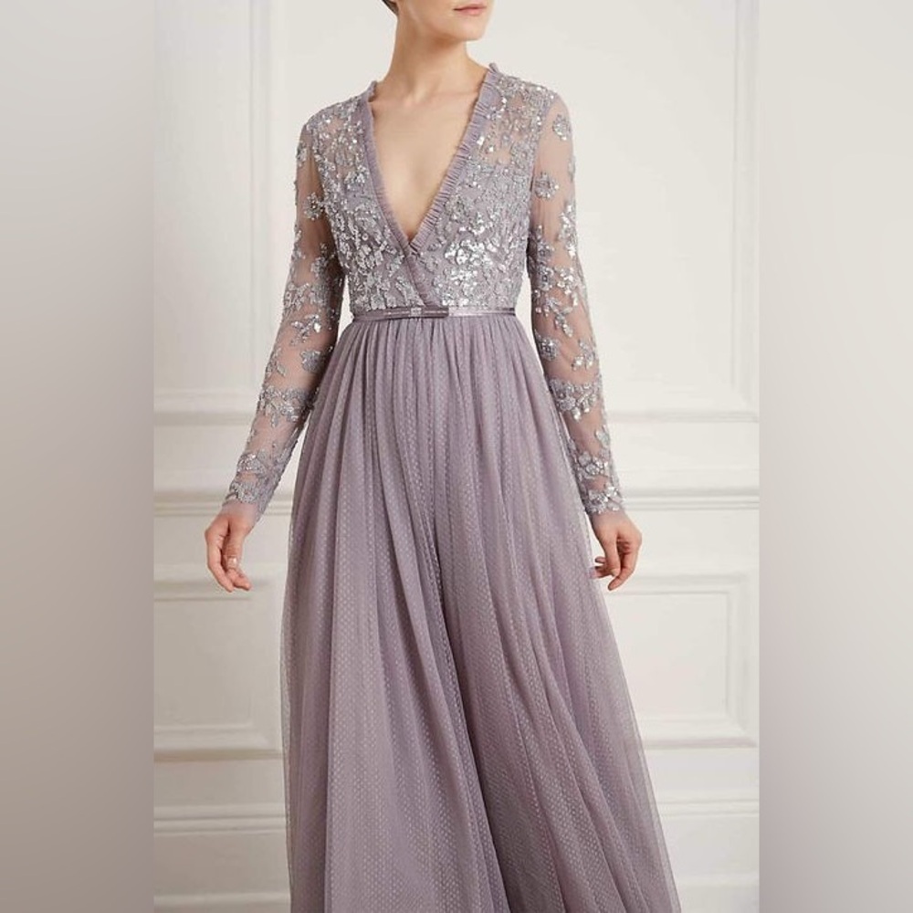 Needle & Thread Sequin Bodice Long Sleeve Maxi Gown Gray US 0 / UK 4